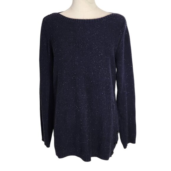 Talbots Navy Blue Speckled Sweater Long Sleeve Cotton Blend Womens Petite Size M - Picture 1 of 13